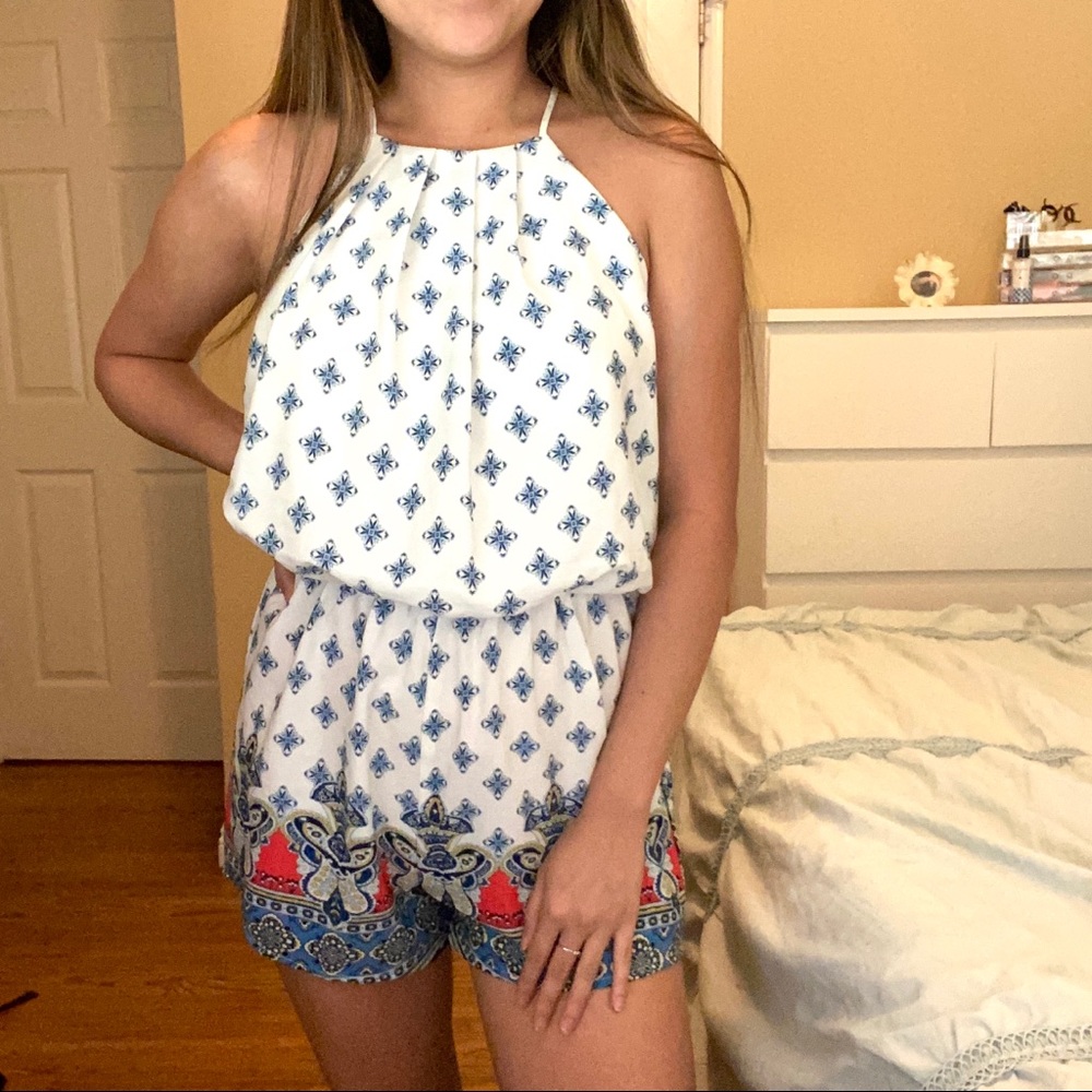 Blue and white floral patterned romper